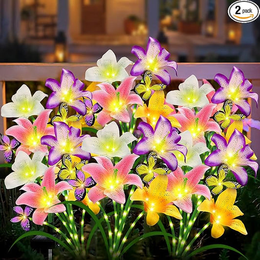 Solar Garden Lights 2 Pack 8 Lily Flowers with Butterfly Decor, Waterproof Solar Flower Lights for Outdoor - Upgraded Decorative Lilies for Yard, Patio, Pathway Decorations & Gardening Gifts