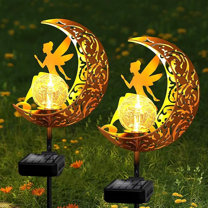 YJFWAL Garden Solar Lights Pathway Stake Lights Moon Fairy Glass Globe with Angel Decor, Outdoor Decorative Lights Waterproof for Walkway, Yard, Lawn, Patio or Courtyard Halloween Decor(Warm White)
