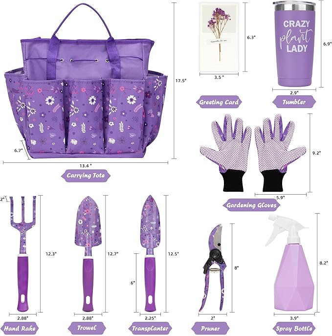 Gardening Gifts for Women, Gardening Tools for Women, Garden Tool Set, Heavy Duty Gardening Hand Tools with Garden Tool Bag, Purple