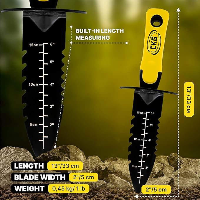 CKG Metal Detecting Shovel Tool, Heavy Duty Double Serrated Edge Digger - Digging Knife for Gardening Trowel Hunting Camping, Planting & Treasure Finds Pouch Bag, Set