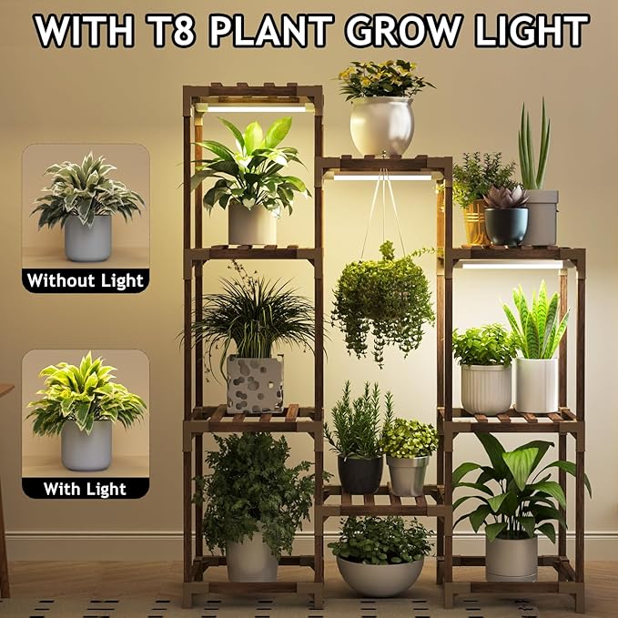 HOMKIRT Plant Stand with Grow Light, Tier Plant Shelf Indoor Outdoor for Multiple Plants, Wood Tall Plant Rack Holder Flower Stand for Corner, Patio, Garden, Living Room