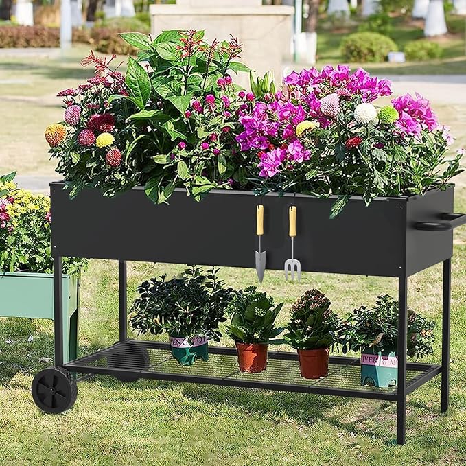 51 × 26 × 32 Inches Raised Garden Bed with Legs/Storage Shelf, Mobile Planter Box for Outdoor Plants, Elevated Garden Bed for Backyard, Balcony, Black