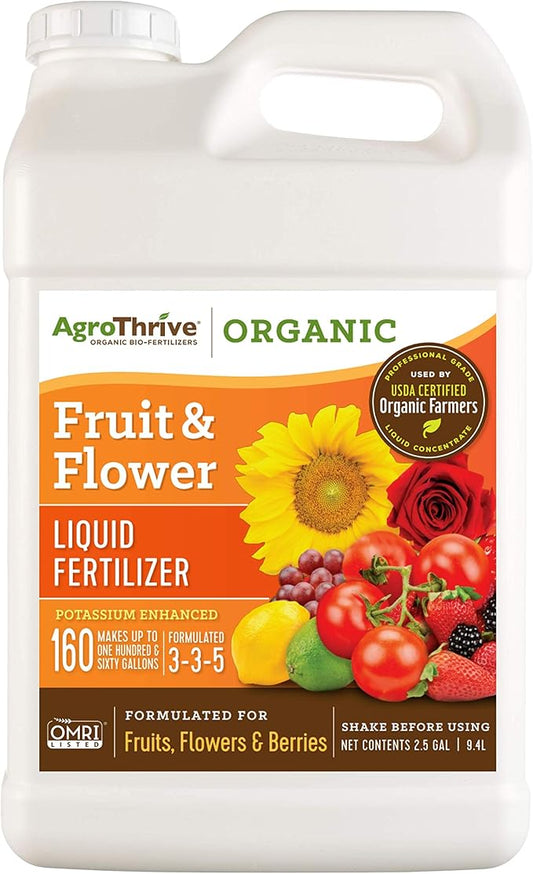 AgroThrive Fruit and Flower Organic Liquid Fertilizer - 3-3-5 NPK (ATFF1320) (2.5 Gal) for Fruits, Flowers, Vegetables, Greenhouses and Herbs