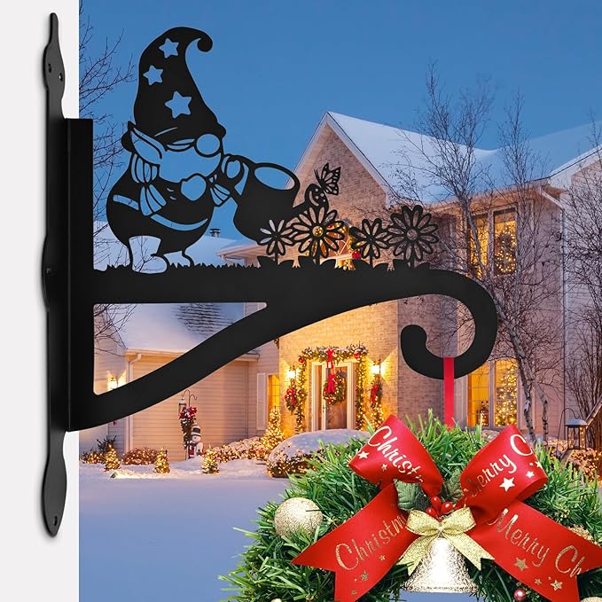 Christmas Plant Hangers Outdoor Iron Heavy Duty Ornamental Gnome Silhouette Wall Mounted Hanging Plant Bracket for Flower Pot Lantern Bird Feeder Wind Chimes Christmas Decoration