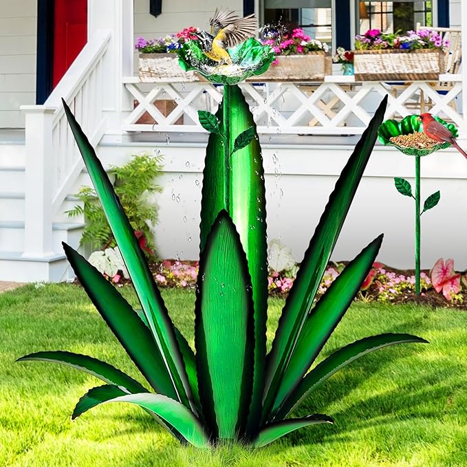 [2024 Upgraded] Large Metal Agave Yard Art, Tequila Rustic Sculpture, Hand Painted Metal Agave Plants with Bird Feeder, Garden Sculpture Statue Outdoor Decor (Green)