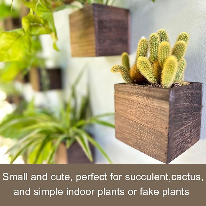 LaLaGreen Wood Planter Boxes (4 Pack, 4x4 Inch) Small Square Wooden Wall Mounted Flower Pot for Indoor Plants, Window Box Mount Hanging Herb Planters Outdoor Plant Holder Vertical Garden Home Decor
