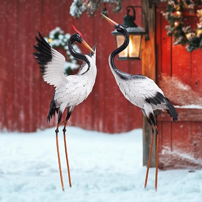 TERESA'S COLLECTIONS Yard Decorations Outdoor Garden Statues, White Metal Crane Yard Art, 33-39inch Lawn Ornaments for Backyard, Outside Porch, Patio, Wedding Decor,Set of 2,Spring Decor,Gifts for Mom