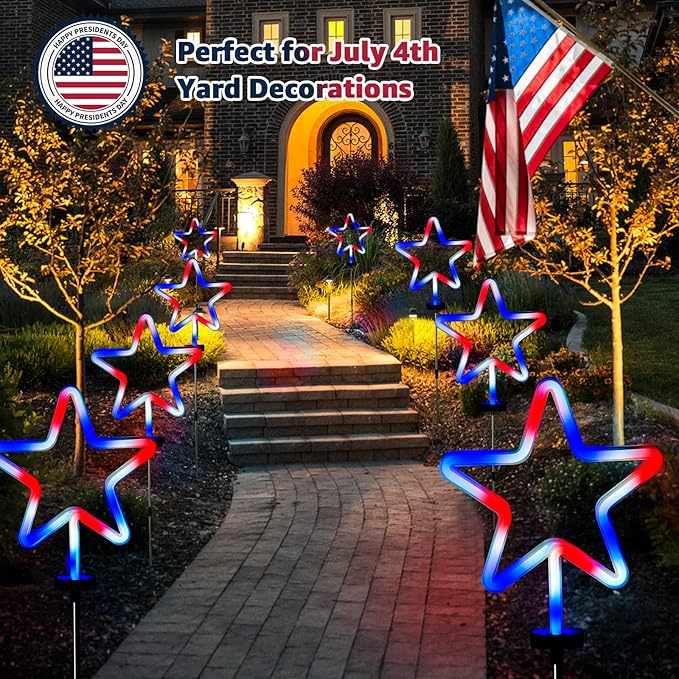 BlcTec 4th of July Decorations, 4PCS Red White and Blue Lights with Stainless Steel Stakes, 4 Big LED Neon Stars Patriotic Lights with Waterproof for Independence Day Garden Yard Lawn Decor, Plug in