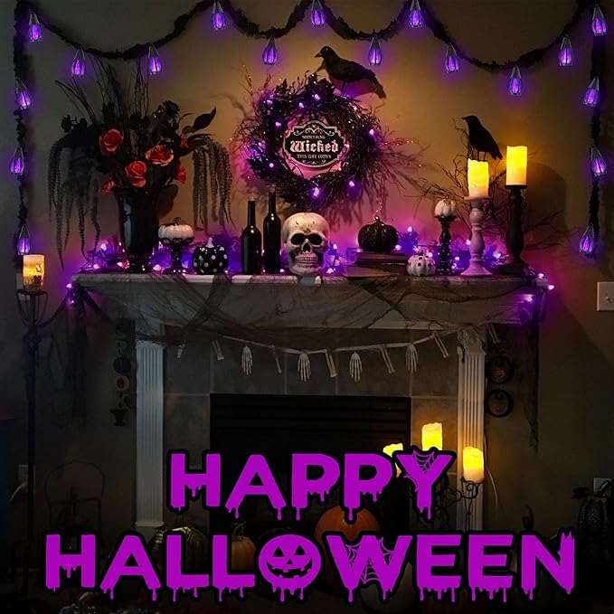 Solar Halloween Lights Outdoor, 13Ft Outdoor String Lights with 10 Flickering Flame Bulb, Waterproof Solar Powered Purple Halloween Lights LED Flame Lights for Halloween Decorations Yard Patio Garden