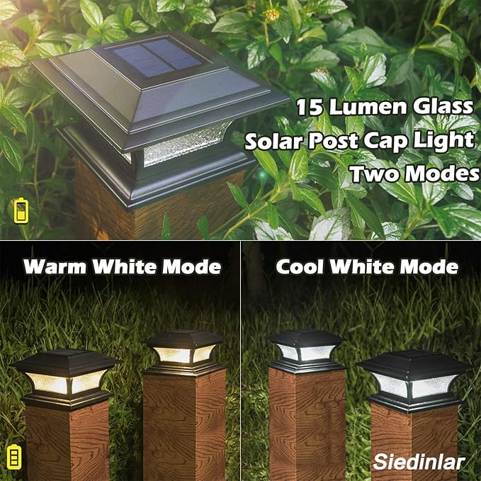 SIEDiNLAR Solar Post Lights Outdoor Glass LED Fence Cap Light 2 Modes for 4x4 5x5 6x6 Posts Deck Patio Garden Decoration Warm White/Cool White Lighting Black (4 Pack)