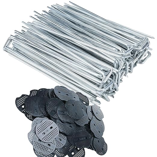 Finderomend 100 Pack Landscape Staples and 100 Pack Gaskets,11 Gauge 5" Galvanized Steel Garden Staples with Black Pads for Weed Barrier Grass