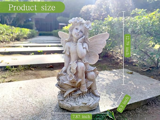 MeritMode 12.8" Fairy Garden Outdoor Guardian Angel Statue - Waterproof Resin with Flower Base, Unique for Patio, Balcony & Yard Decor