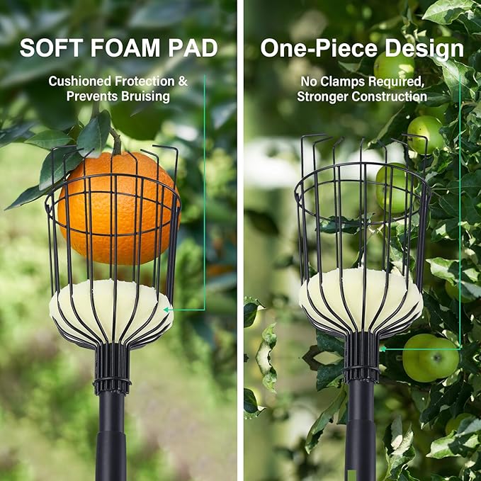 Fruit Picker Pole with Basket - 8.43FT(101Inch) Adjustable Tree Gardening Supplies with Stainless Steel Handle Apple Picker Fruit Grabber Reach Tool for Mango Pear Orange Avocados Fruit Picking, Black