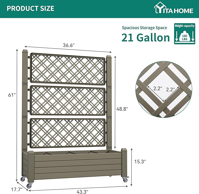 YITAHOME 3.6x1.5x5 FT Planter Box Trellis with Wheels, Large Outdoor Plastic Raised Garden Bed with Drain Plug for Climbing Plants, Light Brown