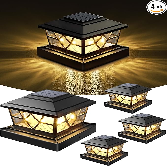NIORSUN Solar Post Lights Outdoor 4 Pack, 2 Modes LED, Deck Fence Post Solar Lights for 3.5x3.5 4x4 5x5 5.5x5.5 Caps Patio Garden Decoration, Black