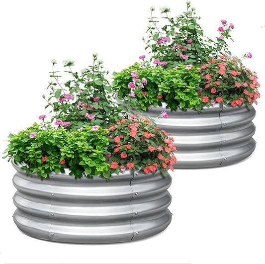 KING BIRD Raised Garden Bed Galvanized Round Planter Box Outdoor for Gardening, Plants, Vegetables, Flowers, Silver, 24x24x12 in, 2 Packs