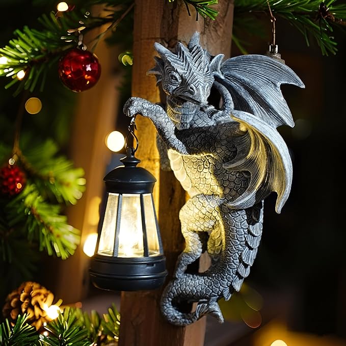 Dragon Statue Solar Lantern for Garden Décor, Dragons Figurine Night Light, 10”Outdoor Decorative Lamp, Mountable on Trees/Walls/Fences. Birthday/Housewarming Gifts for Dragon Fans