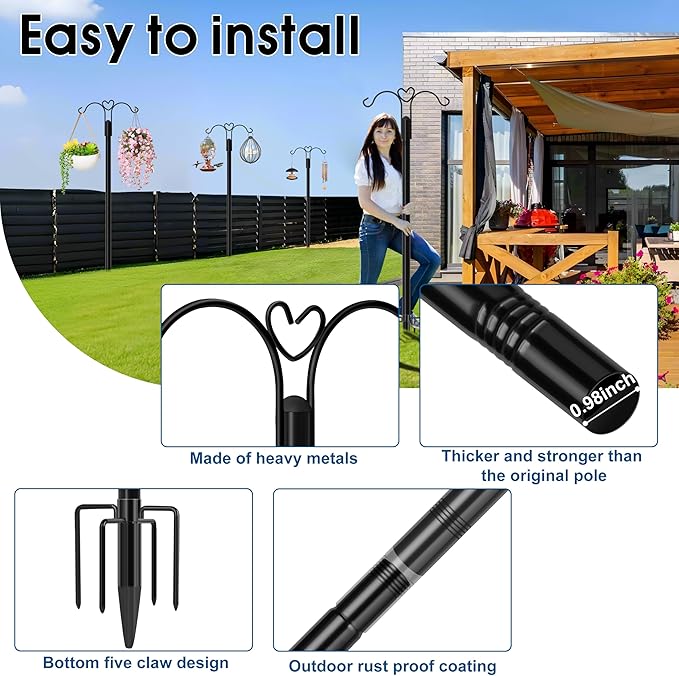 Ottsuls Bird Feeder Pole, 2 Pack 60 INCH Double Shepherds Hooks for Outdoor, with 5 Base Prongs Heavy Duty Tall Garden Planter Hooks for Hanging Flower Basket, Lantern, Hummingbird Feeder