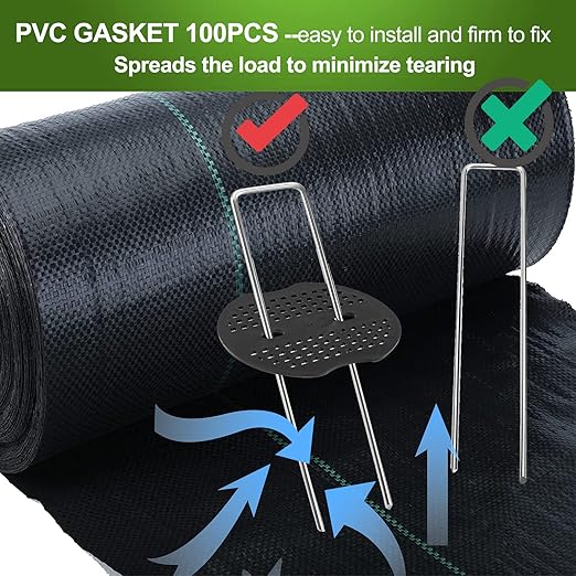 Finderomend 100 Pack Landscape Staples and 100 Pack Gaskets,6" Galvanized Steel Garden Staples 11 Gauge with Black Pads,Landscape Pins Turf Staples for Securing Weed Barrier Fabric Artificial Grass