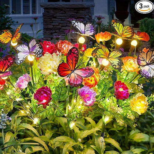 Solar Flowers Lights Outdoor Waterproof, 3 Pack 2 in 1 Solar Butterfly Bouquet for Garden Decor, LED Warm Lighting Garden Lights Outdoor for Pathway Yard Patio Decoration