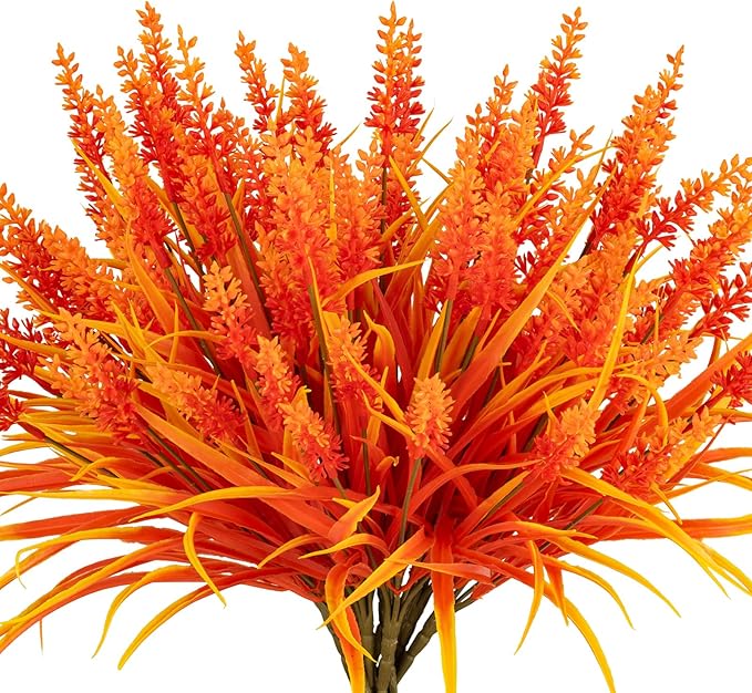 Artificial Fall Flowers for Outdoor Plants 12 Bundles Fake Lavender Plastic Faux Monkey Grass for Verandah Window Garden Office Patio Front Porch UV Resistant for Planter(Autumn Red)