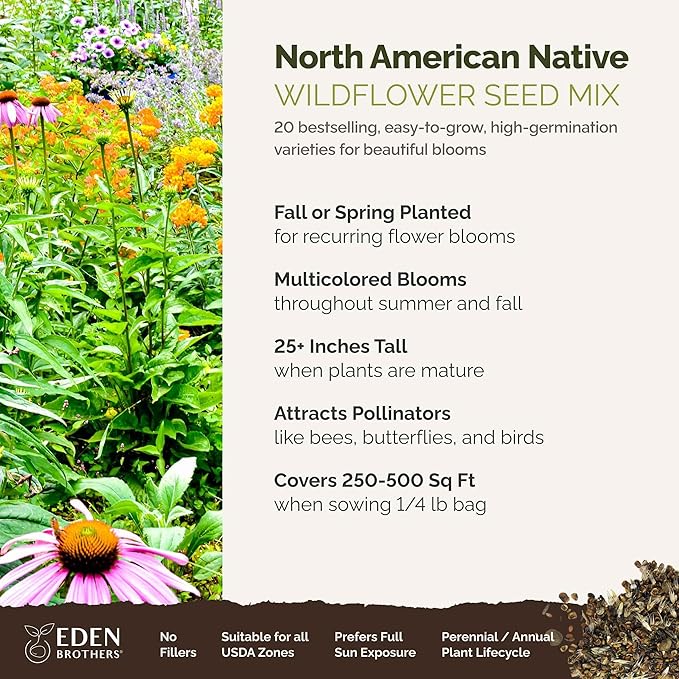 Eden Brothers North American Native Wildflower Mixed Seeds for Planting, 1/4 lb, 120,000+ Seeds with Birds Eyes, Lupine | Attracts Pollinators, Plant in Spring or Fall, Zones 3, 4, 5, 6, 7, 8, 9, 10