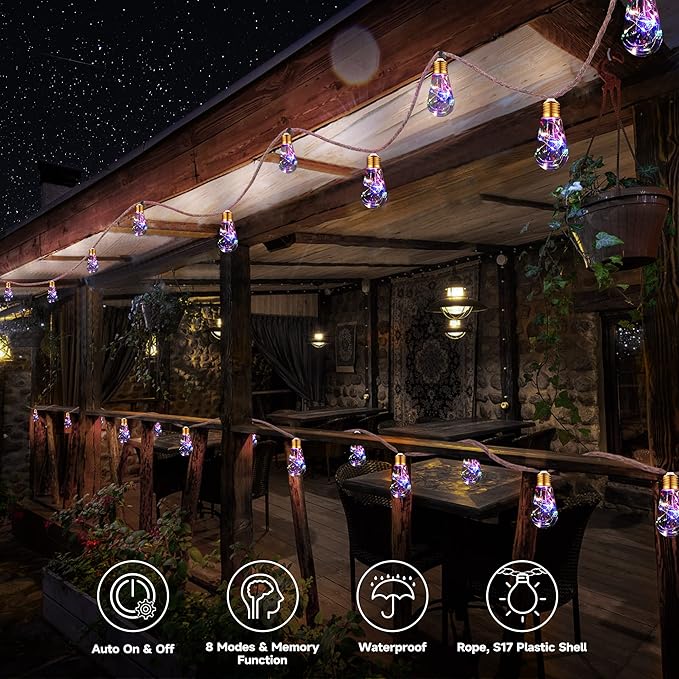 Solar Outdoor String Lights, 2 Pack 20Ft Vintage Rope Hemp Solar Patio Lights, Waterproof Multicolor Solar Powered String Lights With 8 Modes 16 Shatterproof Bulbs for Outside Garden Fence Stairs