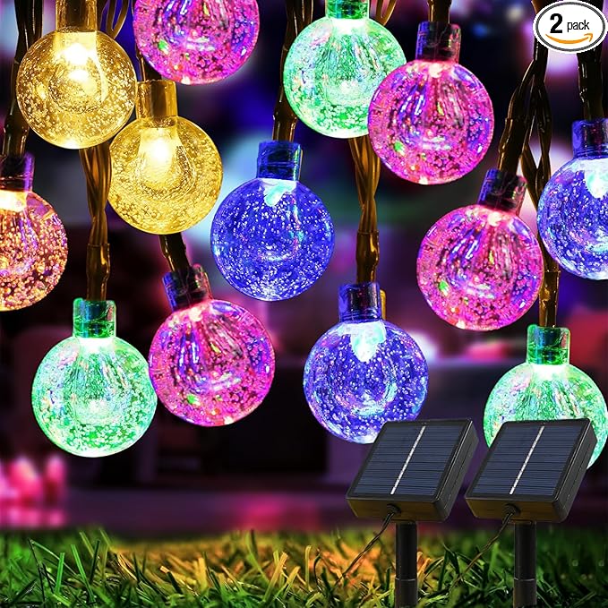 Solar Lights Outdoor Waterproof, 2 Pack Total 120LED 72FT Solar String Lights for Outside w/ 8 Modes, Outdoor String Lights Crystal Globe Patio Lights for Garden Yard Party Decor (Multicolor)