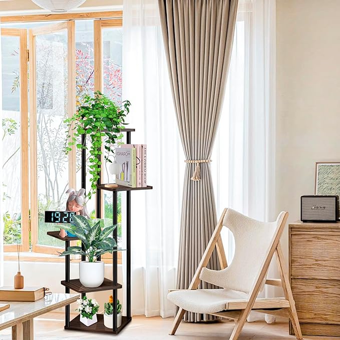 5 Tier Wood Tall Plant Stand Metal Rack Indoor, Multiple Flower Pot Holder Shelves Corner Rack, Planter Shelf Display Rack Storage Organizer for Patio Living Room Balcony Garden(Black Oak)