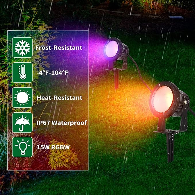 Spotlight, 15W Spot Lights Outdoor RGB IP67 Waterproof Landscape Spotlights with Bluetooth Dimmable for Smart Intelligent Yard LED,12V Low Voltage House Garden Path Decoration(2 Pack)