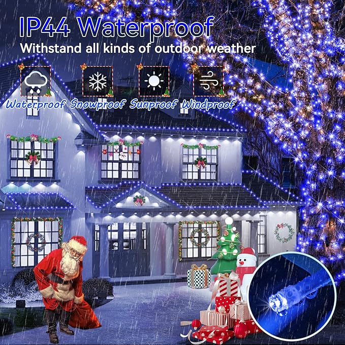 Hezbjiti 2 Pack 1000 LED 403 FT Christmas String Lights Outdoor, 8 Lighting Modes IP44 Waterproof Fairy Lights with Timer and Dimmable Function for Party Tree Decorations (Blue, Clear Wire)