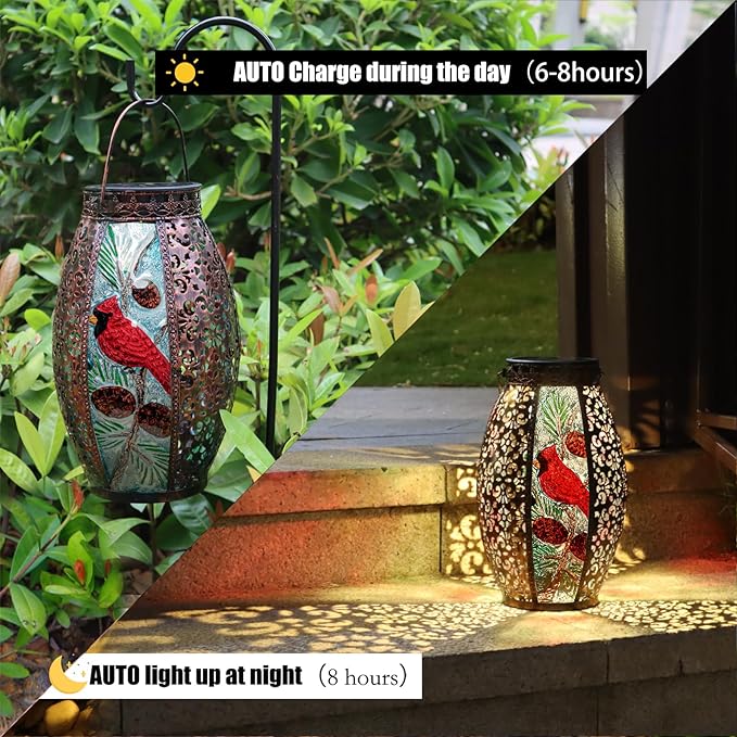 Solar Lanterns Outdoor Hanging Light - Cardinal Solar Powered LED Glass Lights Decorative Waterproof Tabletop Lamp with Hollowed-Out Design for Yard Table Patio Garden Pathway Holiday