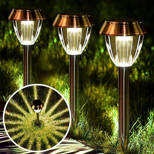 Solar Pathway Lights Outdoor Waterproof, 6 Pack Solar Outdoor Lights Bright Up to 12 Hrs, Garden Light LED Landscape Lighting Copper Stainless Steel Walkway Light, Warm White