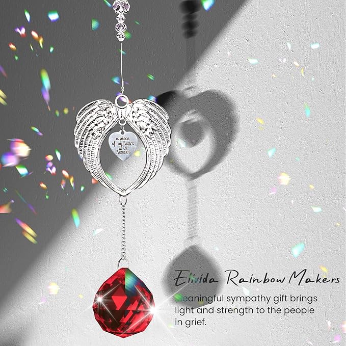 Sympathy Gift Modern Grief Gift for Lose of Loved Ones, Memorial Suncatcher with 40mm Crystal Ball, Sorry for Your Lose Rainbow Maker, Bereavement Gift Idea Angel Wings Design, Red