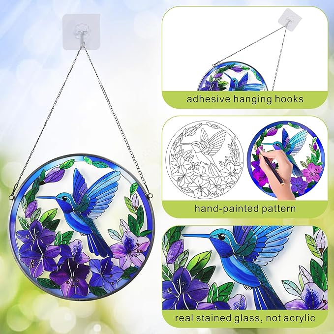 Stained Glass Sun Cather for Window Hanging, 6.3'' Hummingbird Window Ornament for Indoor Outdoor, Hand Painted Stain Glass Gift for Women, Bird Nature Lovers