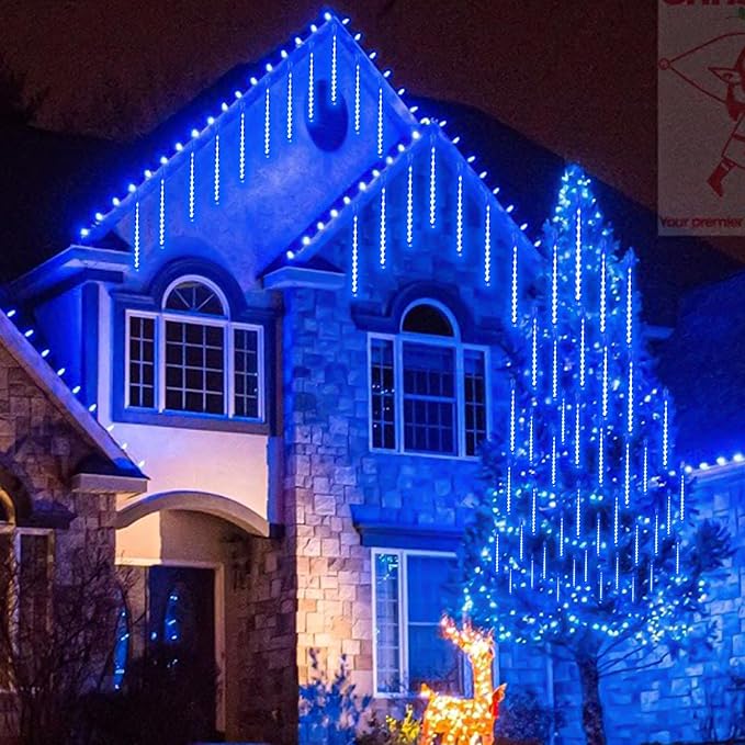 YIQU 2-Pack Extendable Christmas Lights Outdoor,16 Tubes 384 led Meteor Shower Rain Lights Led Falling Icicle Lights Perfect for Christmas Holiday Party Home Patio Outdoor Decorations(Blue)
