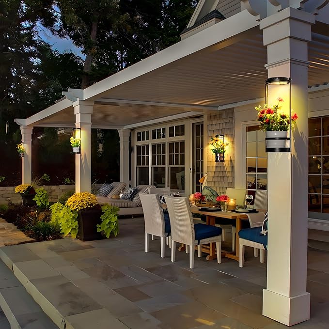 Solar Yard Wall Light with Plant Stands, Wireless Outdoor Solar Wall Lamp with 2 Modes & IP45 Waterproof Dusk to Dawn LED Outdoor Solar Lights for Garden Patio Yard Decoration (2Pack)