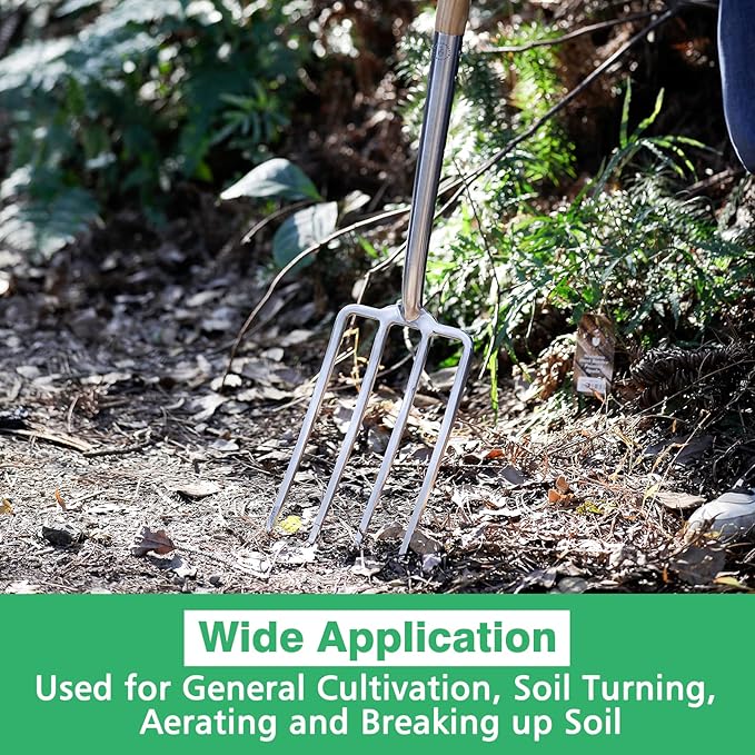 Berry&Bird Gardening Digging Fork, 4-Tine Stainless Steel Pitchfork, 43.9" Heavy Duty Spading Fork with D-Grip Handle and Ergonomic Ash Wood Handle for Digging, Planting, Cultivating, Aerating