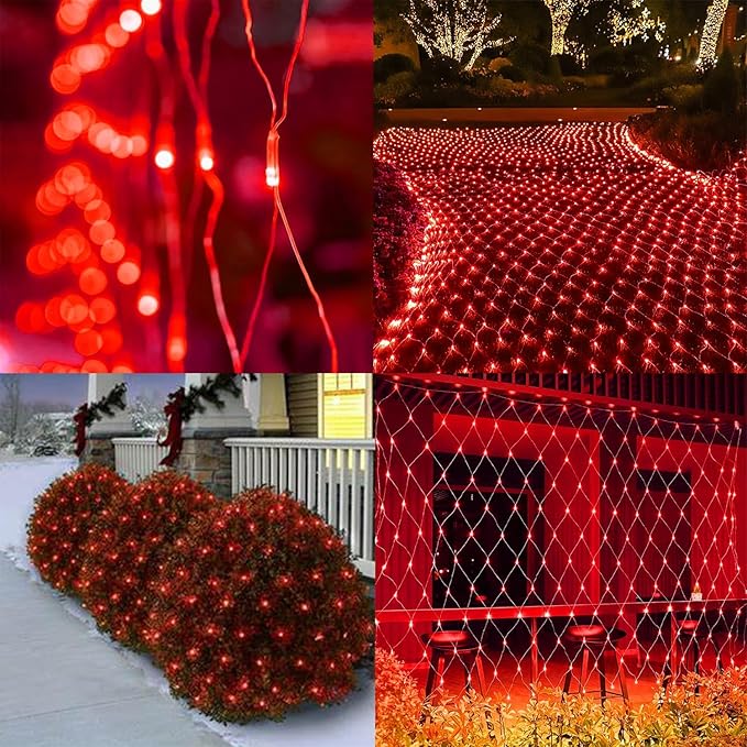 WATERGLIDE Outdoor Christmas Net Lights, 12FT x 5FT 360 LED Mesh String Light with 8 Lighting Mode, Connectable Waterproof Lights for Garden Tree Bushes, Valentines Wedding Party Decorations, Red