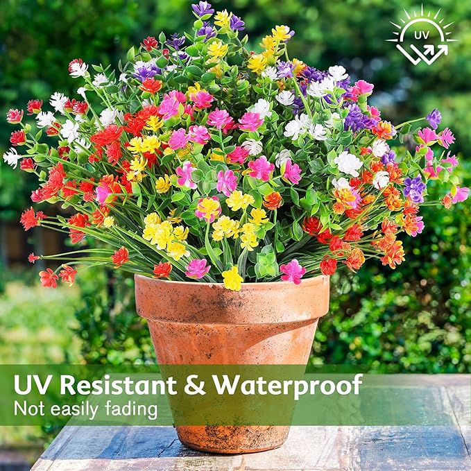 24 Bundles Artificial Flowers Outdoor,No Fade Fake Plastic Flowers Faux Plants for Decoration Hanging Planters Indoor Outside Garden Porch Window Box Home Farmhouse Wedding