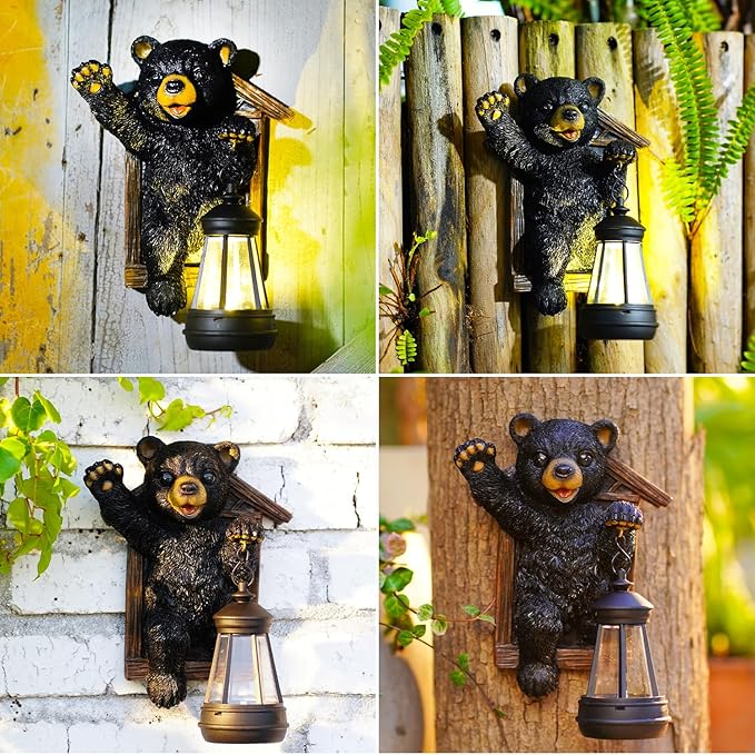 Black Bear Decor with Solar Lantern Tree Hugger - 7 Inch Bear Statue Outdoor Garden Yard Decor,Best Bear Garden Gifts for Mom,Women