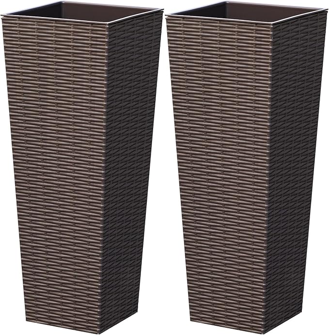 Greesum Large Tall Planter for Outdoors Plants, Set of 2, 24" Tall Plastic Flower Pots, Tapered Porch Planter with Drainage Holes for Patio, Backyard, Brown