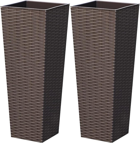 Greesum 24 Inch Tall Plastic Planters with Rattan Texture – Set of 2, Detachable Inner Pot & Drainage Holes, Indoor/Outdoor Decorative Flower Pots for Large Plants, Trees, Patio, and Garden, Brown