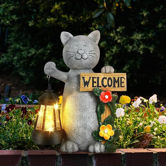 Solar Cat Statue with Solar Lantern-Outdoor Garden Décor, LED Lighted Kitty Figurine for Patio, Lawn,Yard-Valentine's Day, Birthday Gifts for Mom,Grandma,Cat Lovers