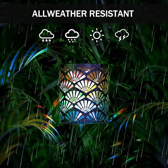 RGB Solar Lanterns Outdoor Waterproof Hanging Solar Lights Gifts for Men Women Metal Decorative LED Lanterns for Yard, Patio, Lawn, Tabletop, Pathway, Landscape, Garden Decor Fan Style(2 Pack)