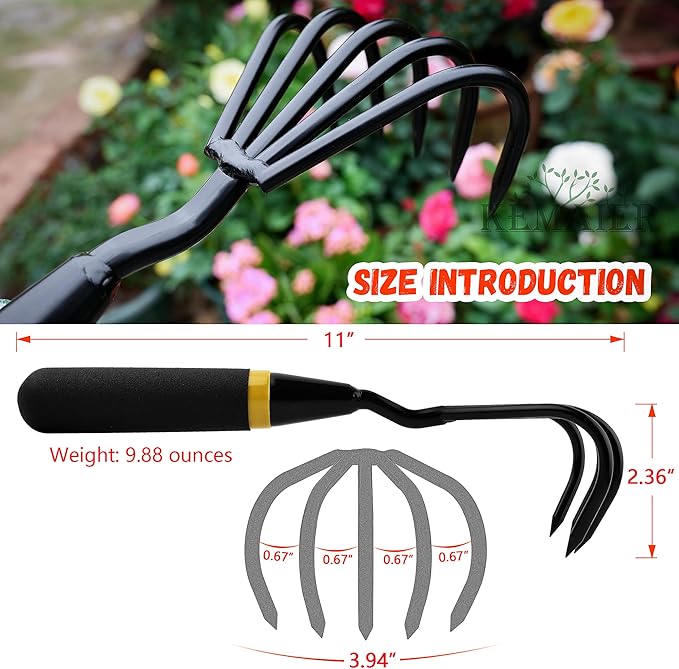 Garden Rake - Kemaier Stainless Steel Hand Cultivator for Heavy-Duty Soil Loosening, Planting, and Weed Removal