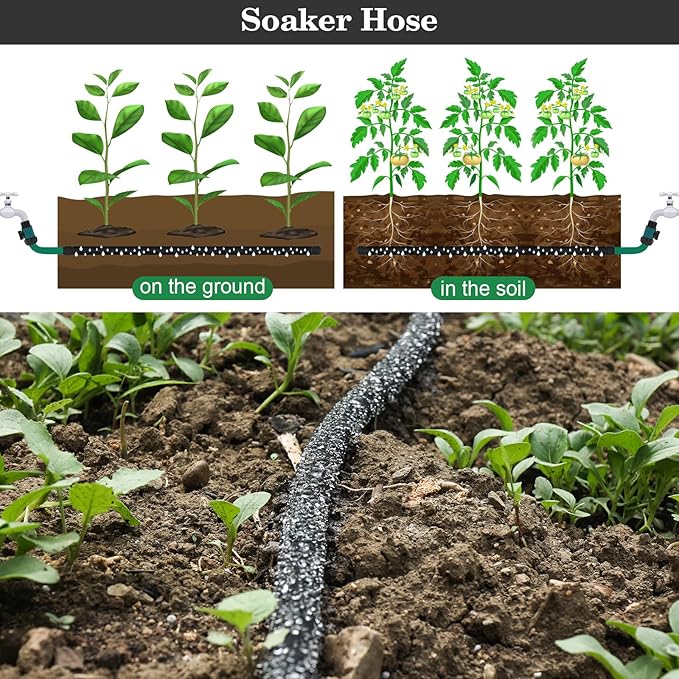 Soaker Hose with Solid Brass Connectors 25 FT for Garden Beds 1/2 Inch Rubber Longer Lasting Drip Irrigation Save 70% of Water Great for Lawn and Yard