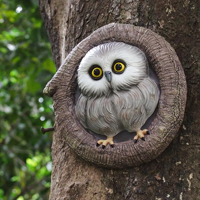 Baby Owl Resin Tree Face, Owlet Tree Hugger, Outdoor Sculpture for Tree Decorations, Whimsical Owl Garden Ornament, Tree Statue Peeker, Patio Yard Lawn Porch Decor, Durable & Waterproof Garden Present