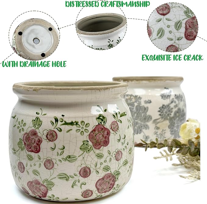 Vintage Red Ceramic Ice Crack Flower Pot with Drainage Holes, Country Rustic Planters for Indoor and Outdoor,Tuscan Decor,Home,Living Room, Garden Decor, Gardening Gift