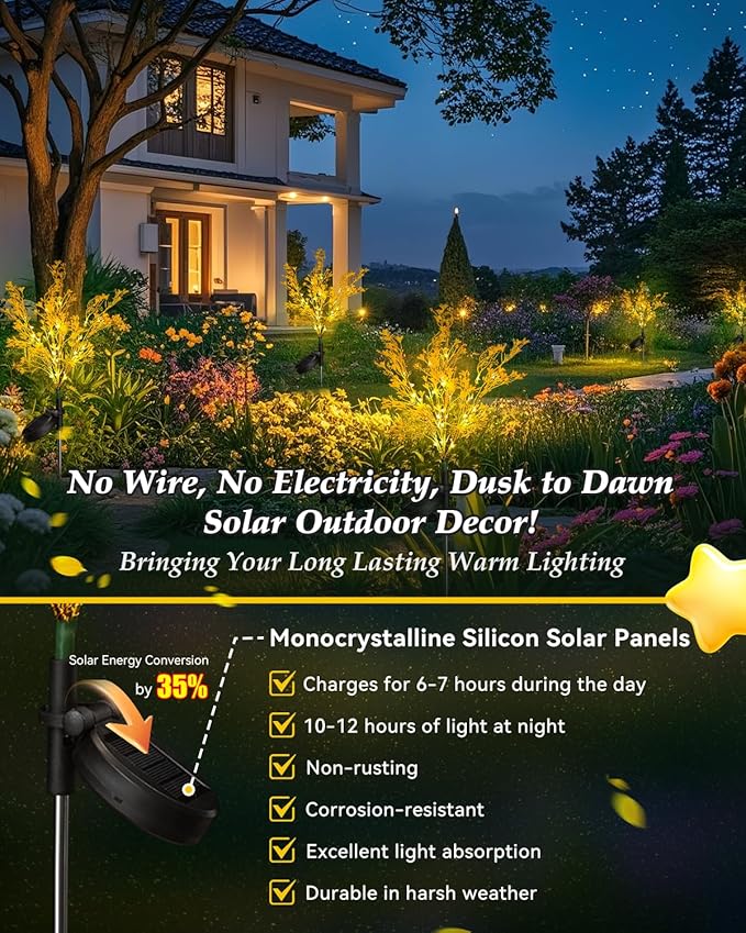 Neporal Garden Solar Lights Outdoor Waterproof IP65 4 Pack, 7-Stems Dusk to Dawn Golden Solar Flowers, Bigger Solar Panel for Garden,Yard, Patio Outdoor Decorative